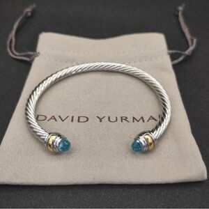 David Yurman Silver Cable Cuff Bracelet with Blue Stone and Gold Accents
